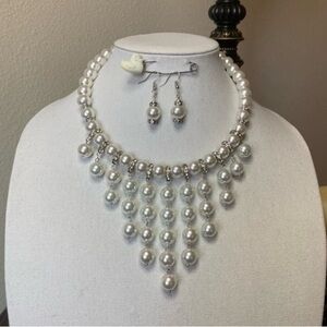 Elegant Silver Pearl Necklace and Earring Set